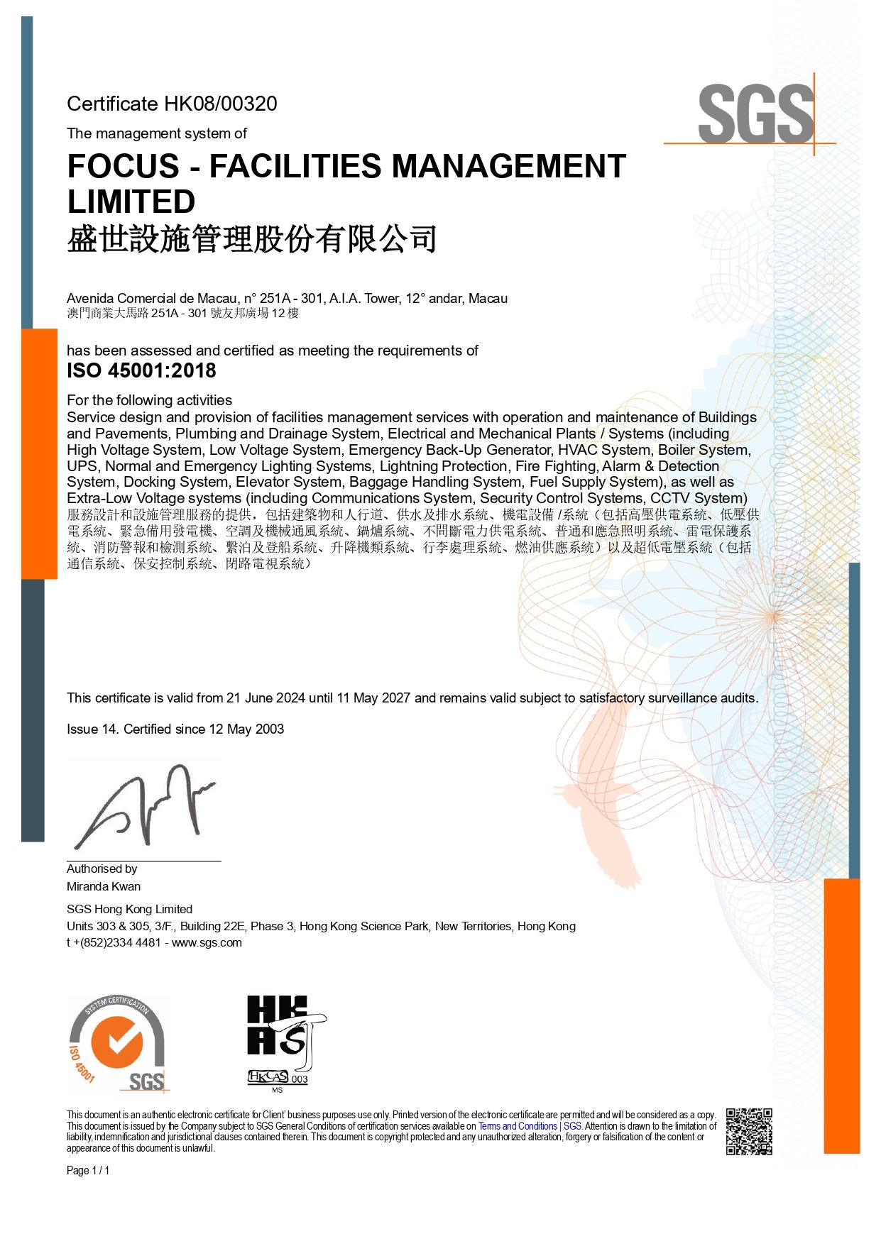 FOCUS Facilities Management_ISO45001_2024-2027