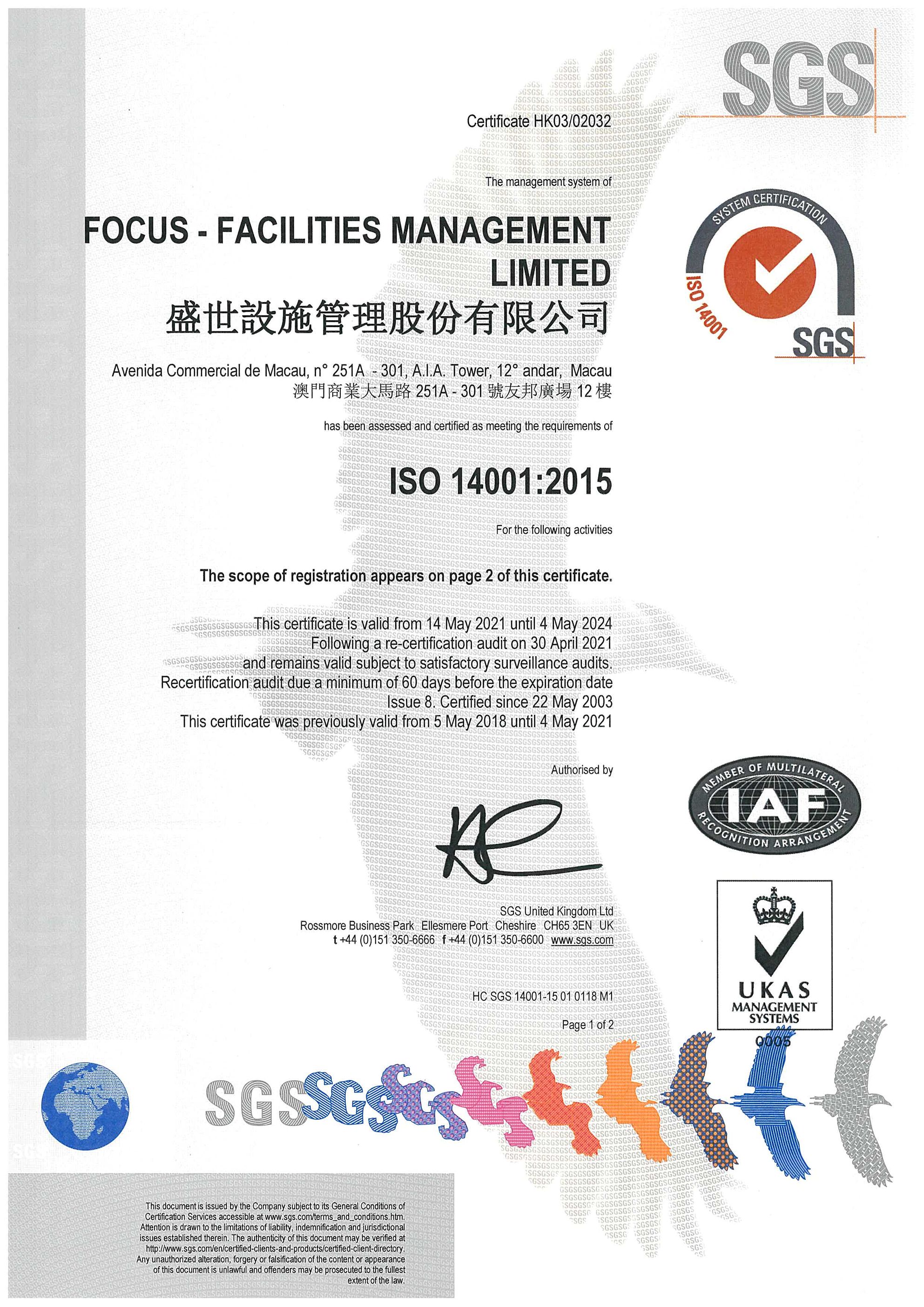 FOCUS Facilities Management_ISO14001_2021-2023