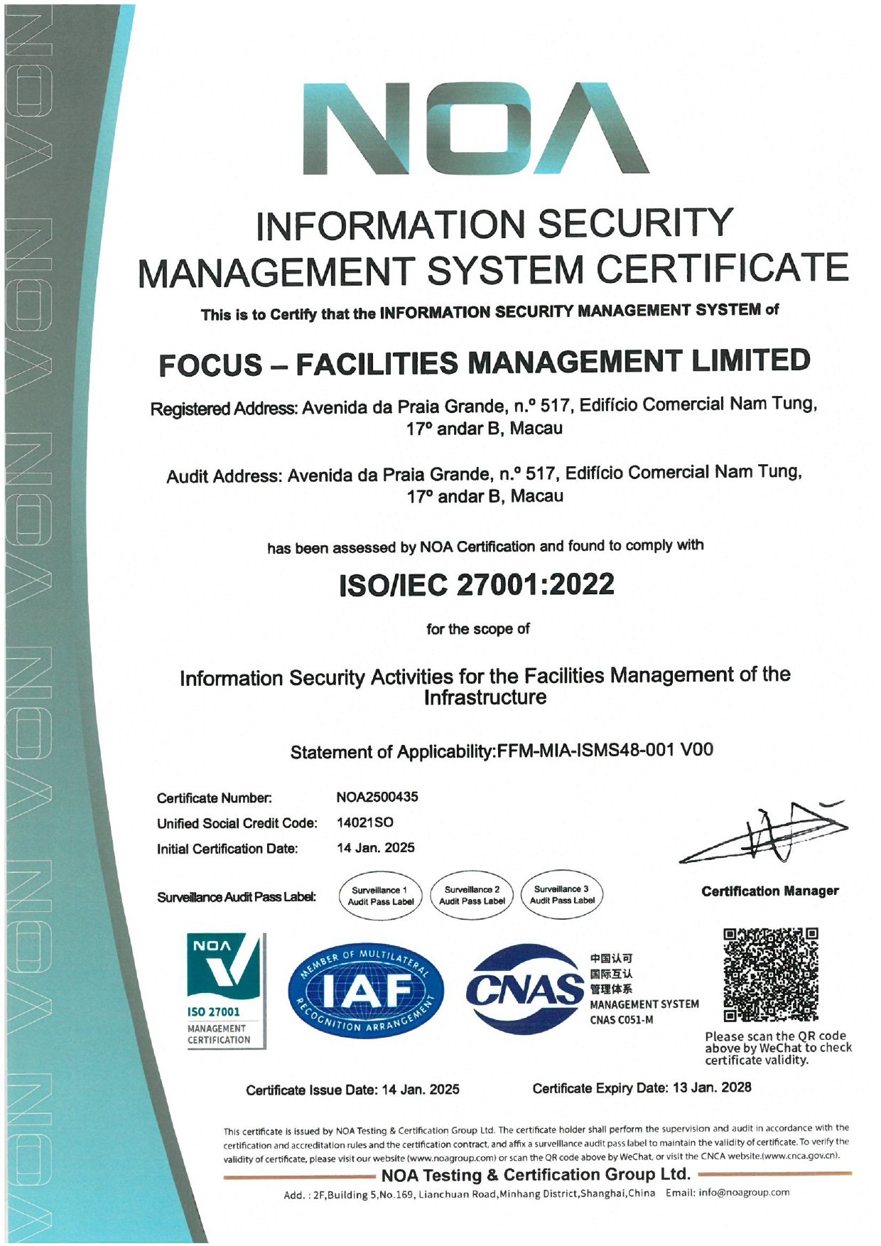 FOCUS Facilities Management_ISO IEC 27001 2025-2028